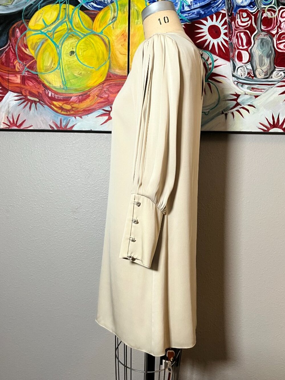 Alice + Olivia Silk Colorblock Crystal Buttons Shift Dress Ivory Brown - Picture 5 of 13
